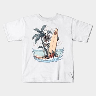 Surfer Skeleton On Beach Kids T-Shirt